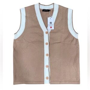NWT Merokeety Sweater Vest in Brown Tan White with Buttons Women's Size Medium
